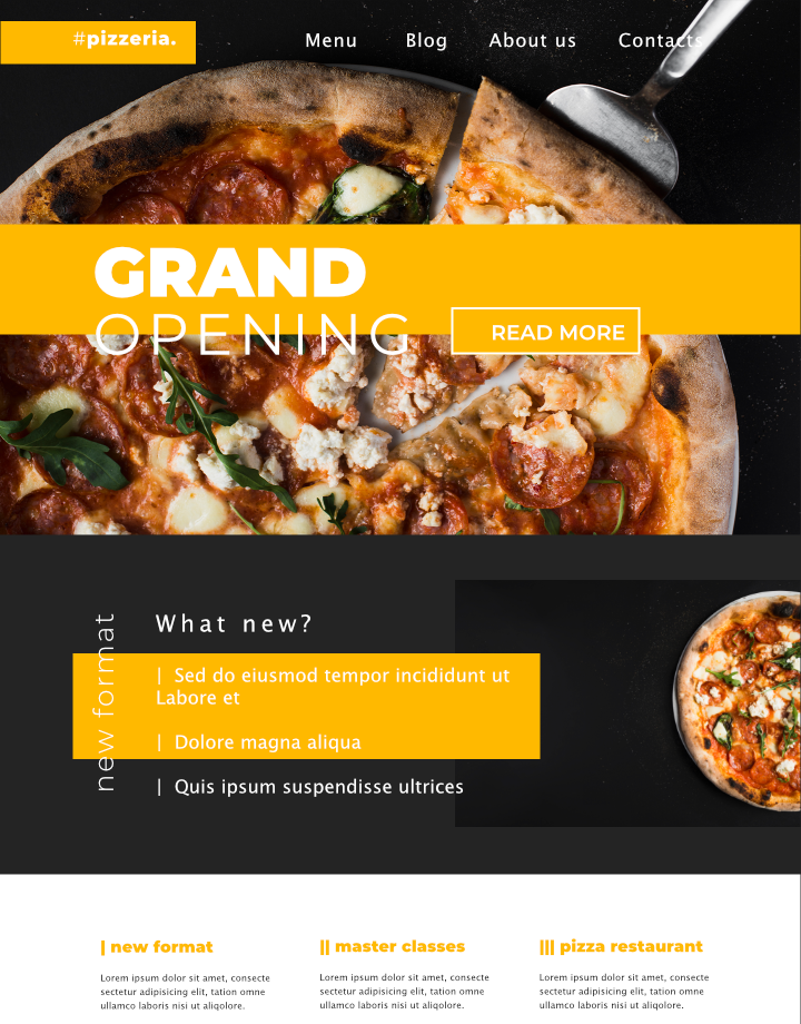 Shows off a website for a pub. The page has pictures of pizza and pizza making.